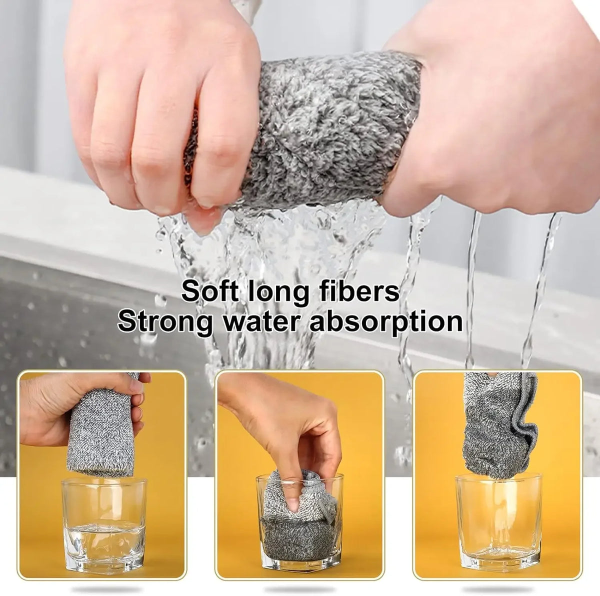 Hands are washing a gray microfiber cleaning cloth under running water, demonstrating soft long fibers and strong water absor