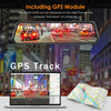 A 10-inch smart rearview mirror dash cam displaying a GPS track on a computer screen and a map.