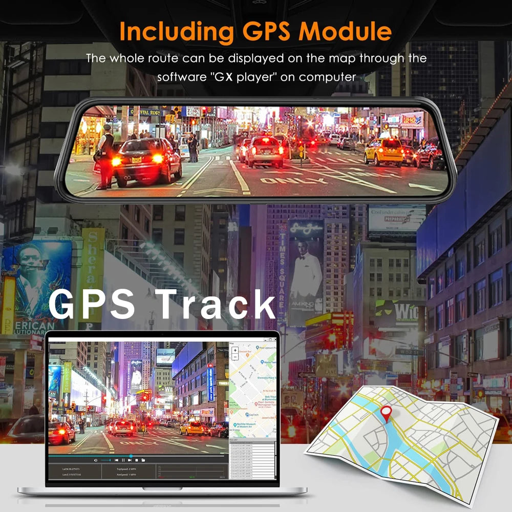 A 10-inch smart rearview mirror dash cam displaying a GPS track on a computer screen and a map.