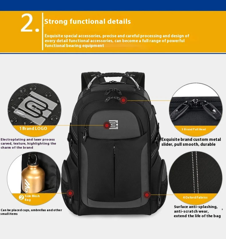 A black laptop backpack featuring strong functional details like a brand logo, padded sections, and Oxford fabrics.