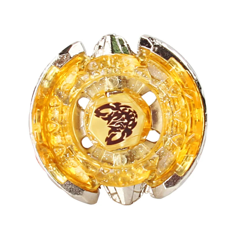 A gold and silver alloy battle spinning top with intricate detailing.