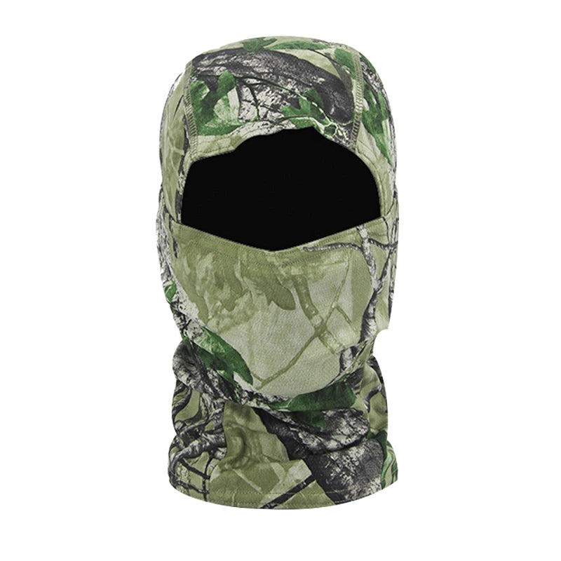 A camouflage balaclava cap in green and black patterns.