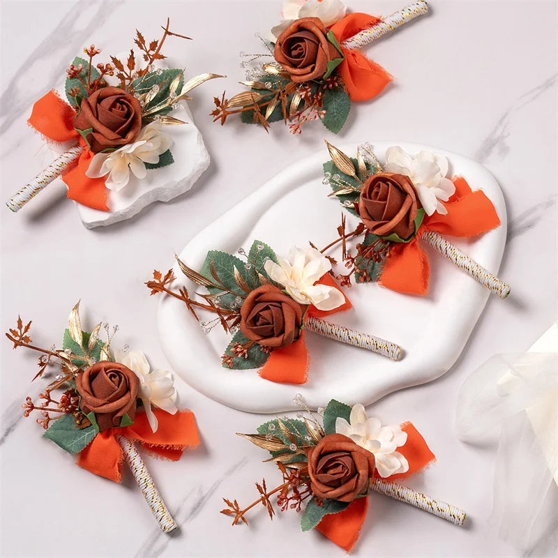 Burnt Orange Silk Boutonniere Set for Wedding Groom and Groomsmen