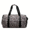 A leopard print weekender tote bag with black straps and a shoe compartment.