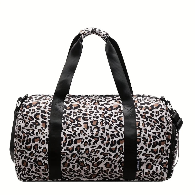 A leopard print weekender tote bag with black straps and a shoe compartment.