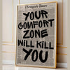 A framed canvas print featuring a bold black quote on a vintage newspaper background.