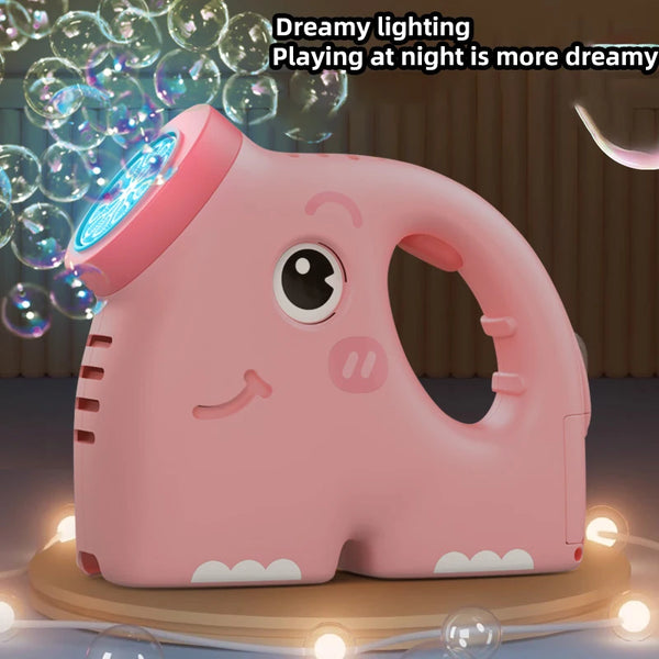 A pink elephant-shaped bubble machine with blue LED lights is displayed on a wooden surface.