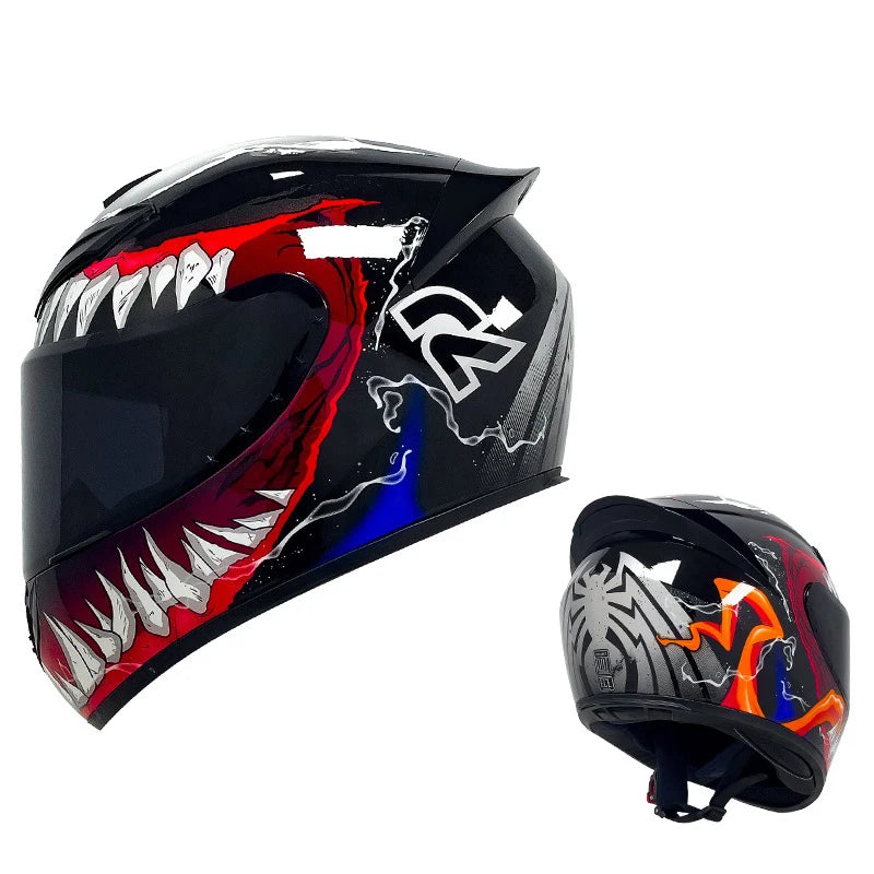 Black full-face motorcycle helmet with red and white graphic design