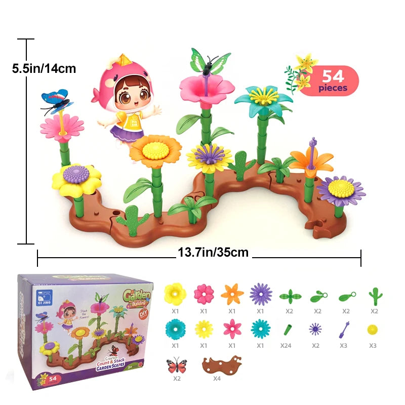 A set of 54 pieces of a STEM flower garden building toy featuring various colorful flowers and plants.