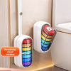 A white wall-mounted holder for a disposable toilet cleaning kit with colorful refill tubes.