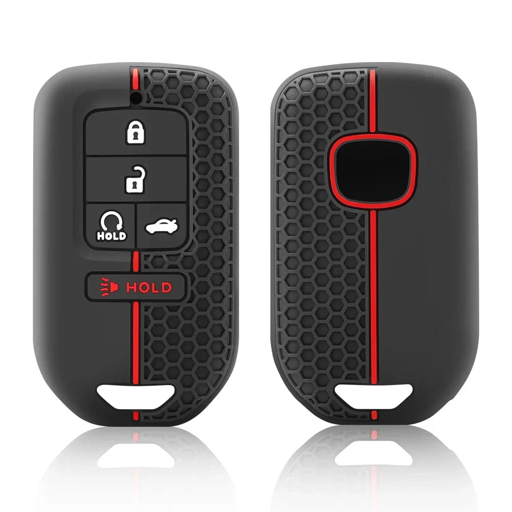 A pair of black silicone car key cases with red accents, showing various lock and hold buttons.