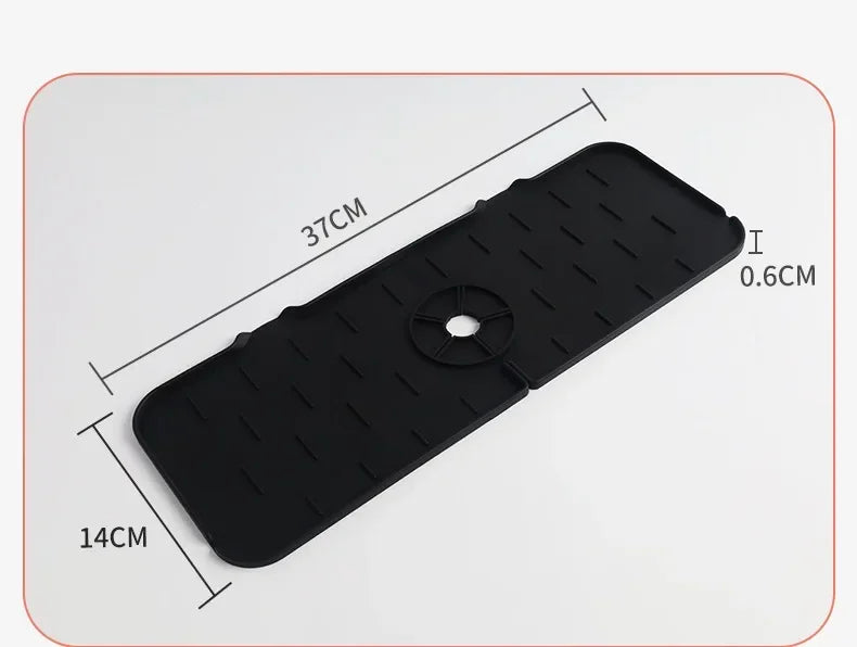 Black silicone kitchen sink mat with a faucet splash guard shown with dimensions.