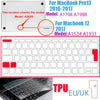 A white TPU keyboard cover for a MacBook, shown with model information and a close-up of the keyboard layout.