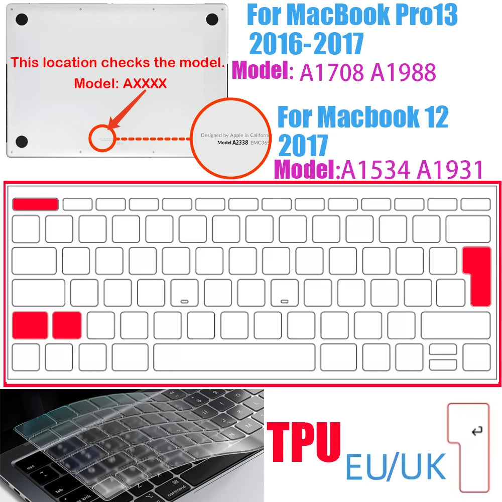 A white TPU keyboard cover for a MacBook, shown with model information and a close-up of the keyboard layout.