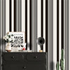 A black and white striped wallpaper roll is displayed next to a wooden box, some white flowers, and a green cactus.