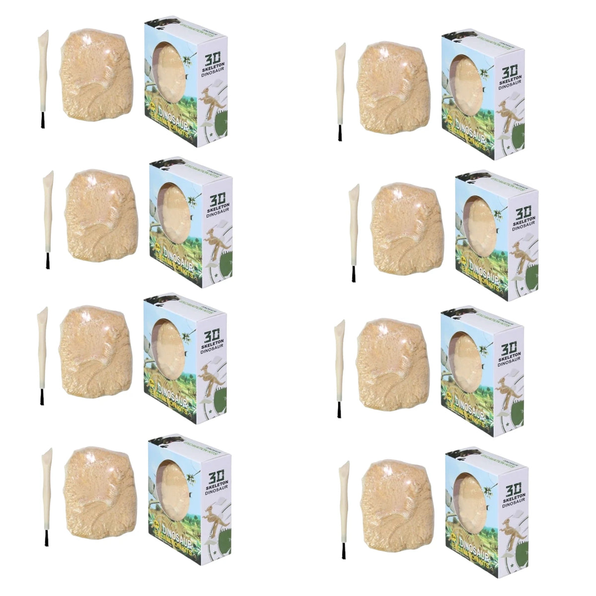 A set of dinosaur fossil excavation kits for kids showing various tools and packaged kits.