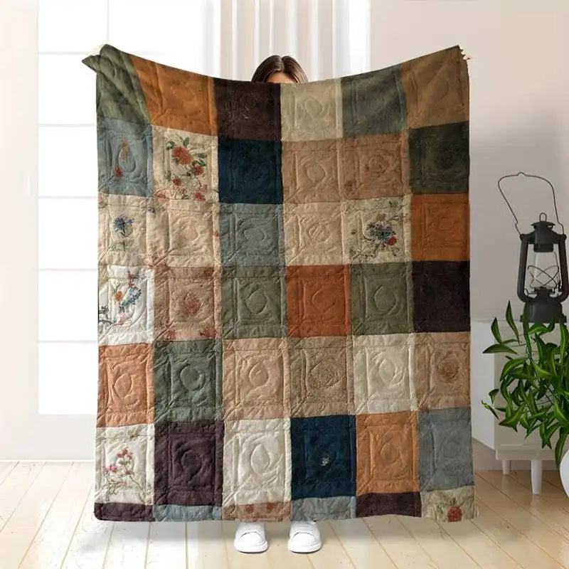 Rustic Floral Patchwork Throw Blanket – Cozy Knit Cover for Sofa and Bed