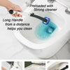 A long-handled disposable toilet cleaning brush with a blue head is shown being used in a toilet bowl.