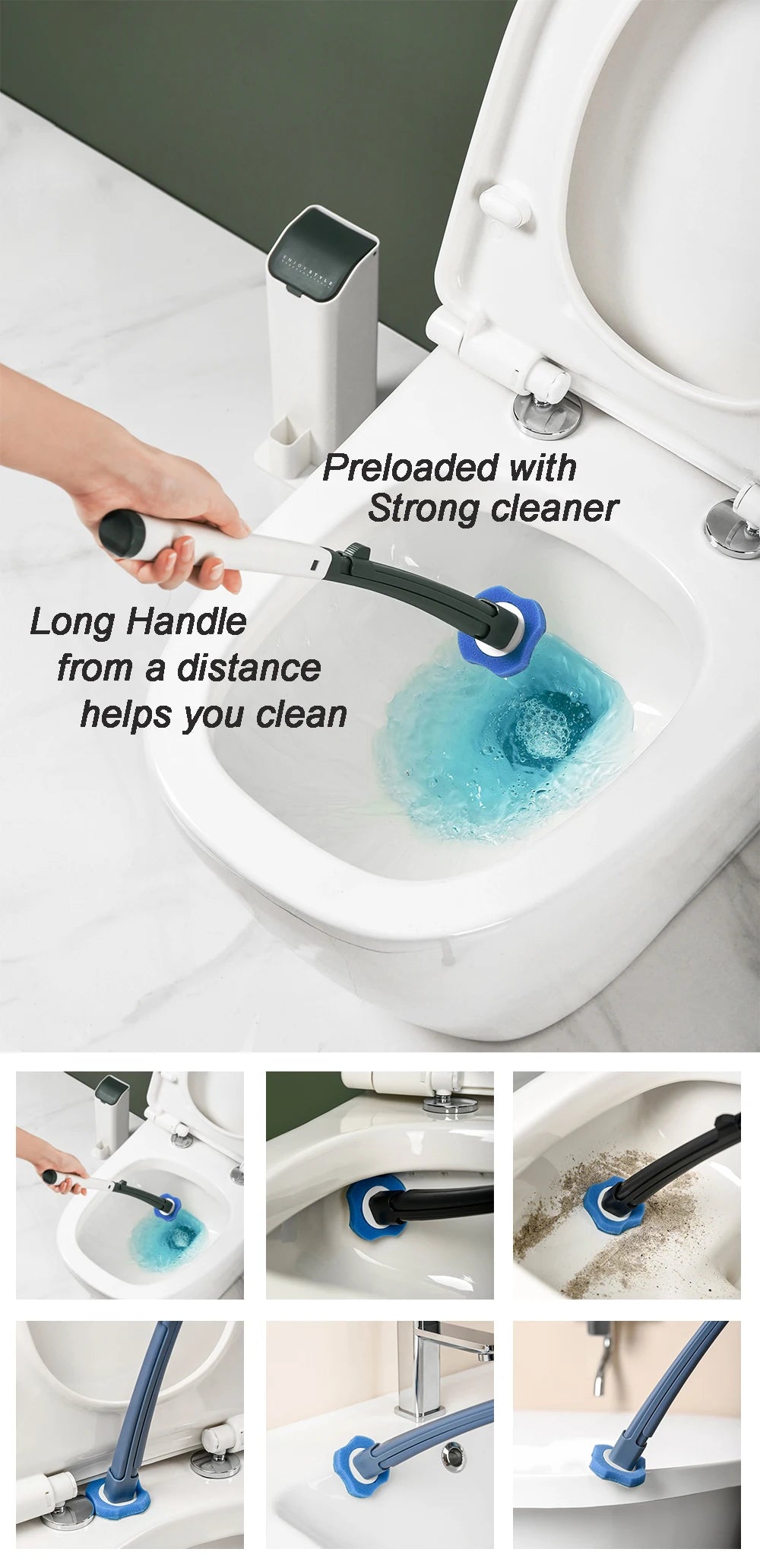 A long-handled disposable toilet cleaning brush with a blue head is shown being used in a toilet bowl.