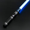 A black lightsaber with a glowing blue blade is shown diagonally on a dark surface.