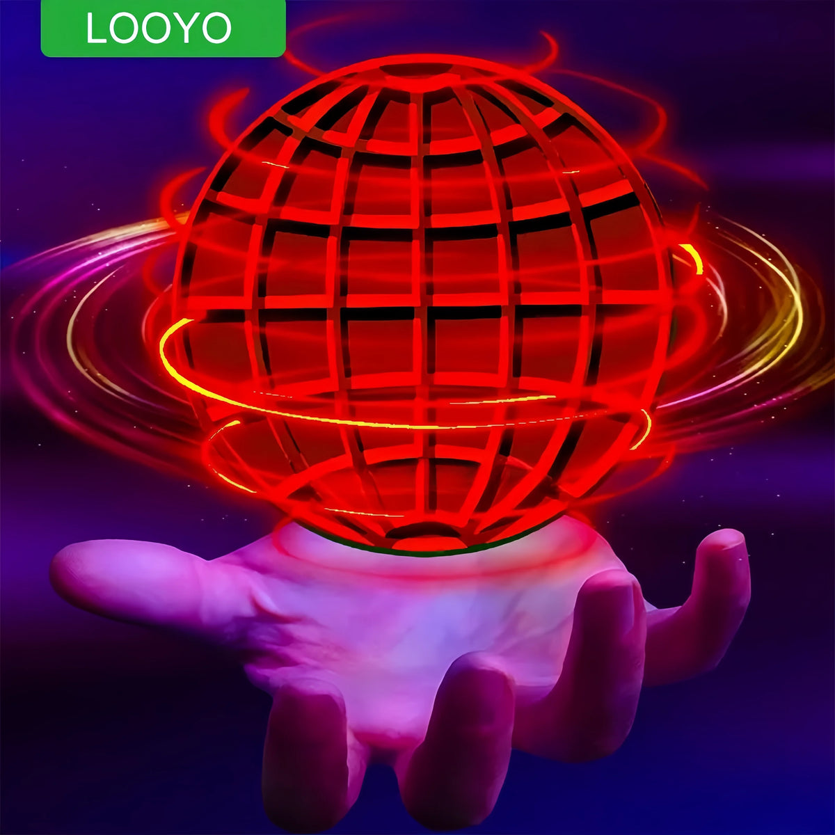 A glowing red sphere is held by a hand, surrounded by bright light trails, demonstrating an LED flying spinner toy.