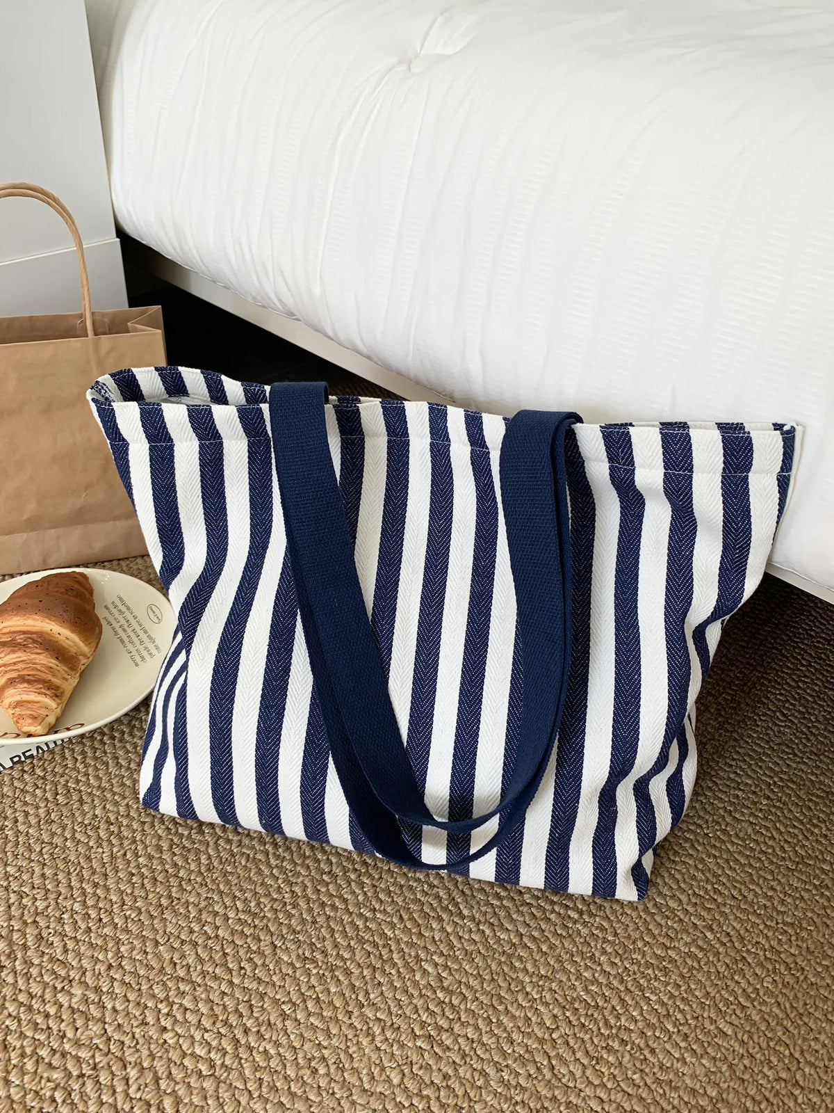 Striped Canvas Shoulder Tote Bag