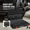 A heavy-duty carrying case for a 90-piece drive impact socket set is shown open on a floor.