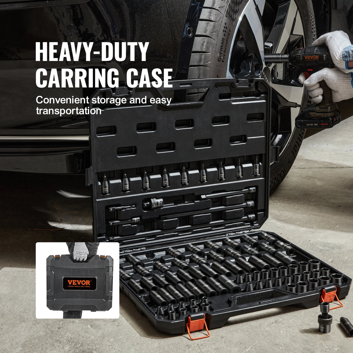 A heavy-duty carrying case for a 90-piece drive impact socket set is shown open on a floor.