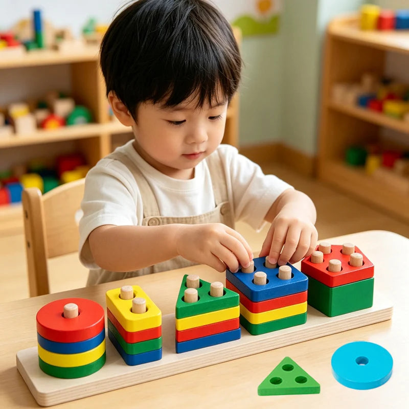 Un jeune garçon joue avec des blocs de construction Montessori en bois colorés et un triangle vert sur une surface en bois cl