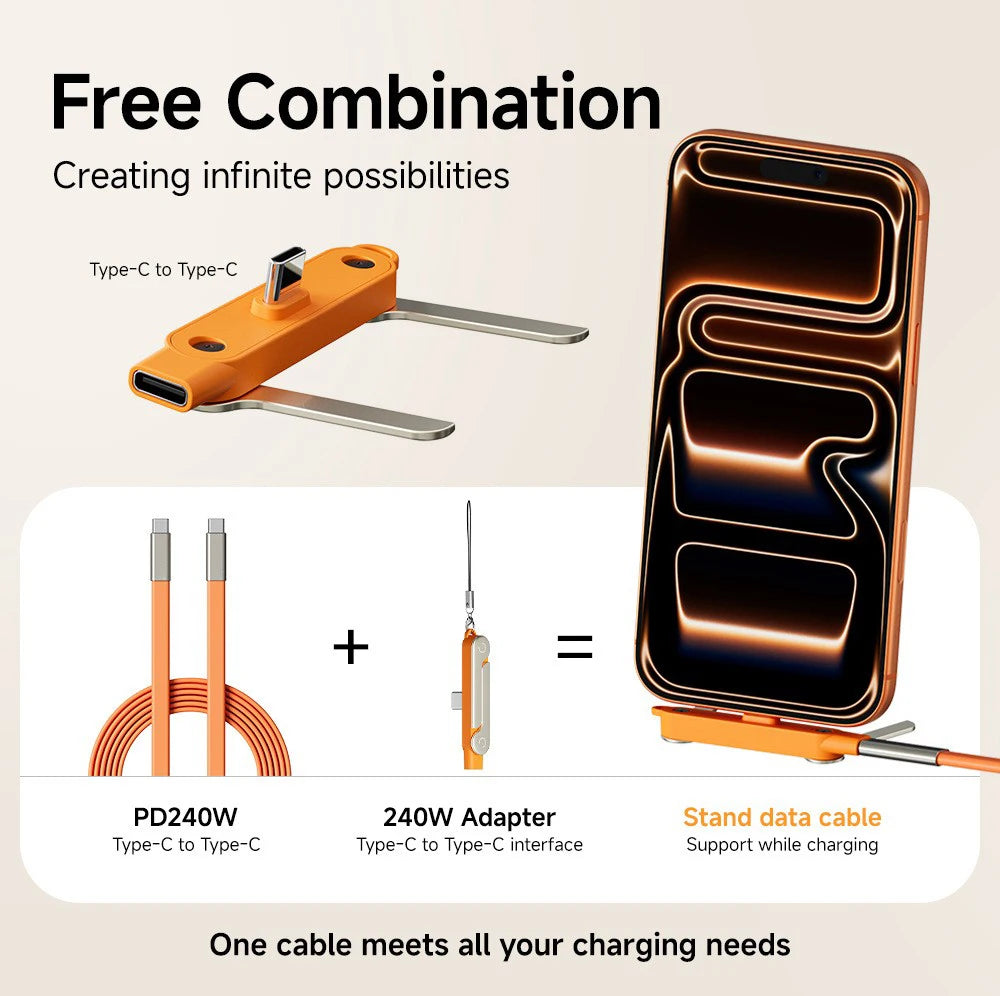 USB-C to USB-C Adapter with Foldable Phone Stand – 240W Fast Charging & Data Transfer