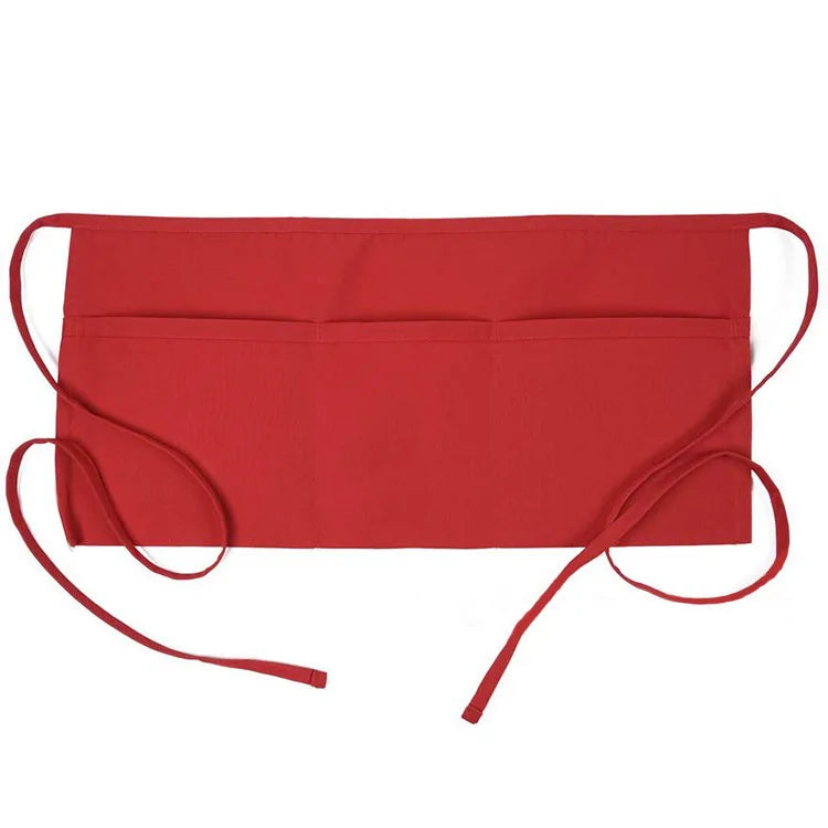 A red fabric waist apron with three pockets and long ties.