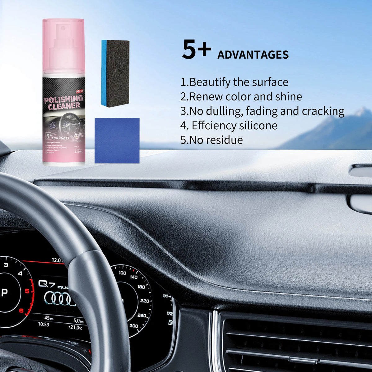 A bottle of polishing cleaner is shown next to a car interior, highlighting its 5 advantages for surface beauty and protectio