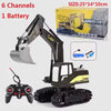A black remote controlled excavator toy set with a yellow box and battery, featuring a detailed model and controller.