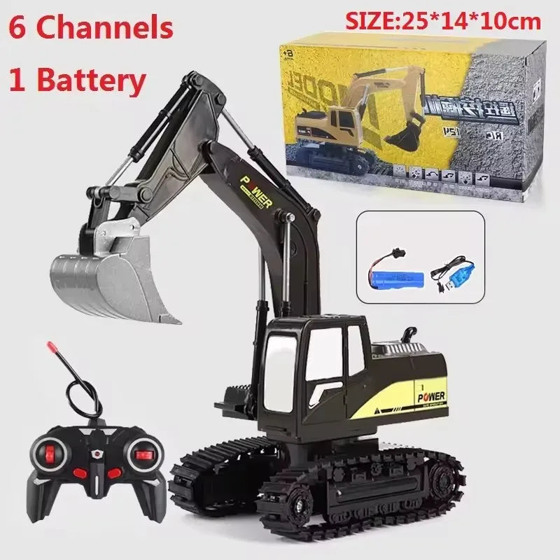 A black remote controlled excavator toy set with a yellow box and battery, featuring a detailed model and controller.