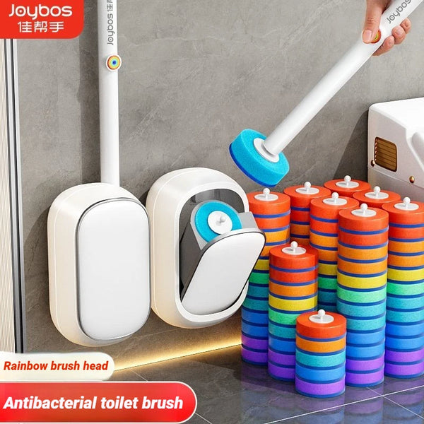 Wall-mounted disposable toilet brush set with a white handle and colorful cleaning solution containers