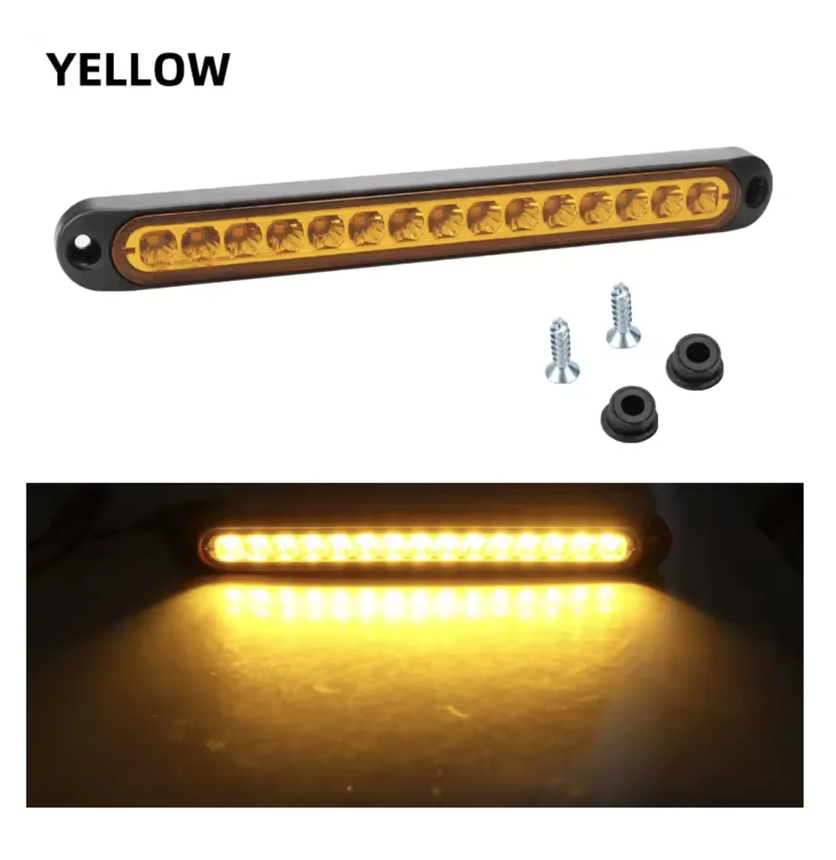 A yellow LED light bar with multiple bulbs and mounting screws for vehicles.