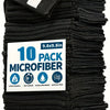 A stack of black microfiber cleaning towels, packaged in a 10-pack.