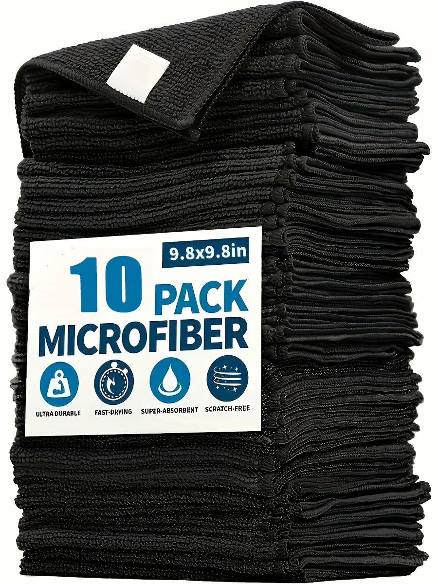 A stack of black microfiber cleaning towels, packaged in a 10-pack.
