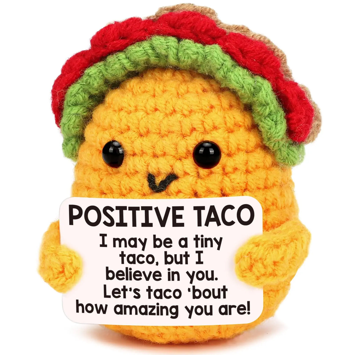 A handmade crochet taco plush with a colorful crocheted crown and a smiling face.