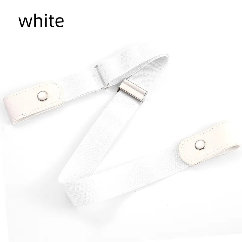A white no-buckle stretch elastic belt for men and women shown lying flat.