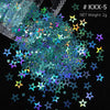 A close-up of shiny holographic star sequins scattered on a black background.