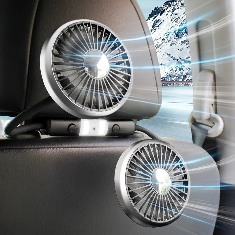 Dual-Head USB Car Fan with Adjustable LED Light