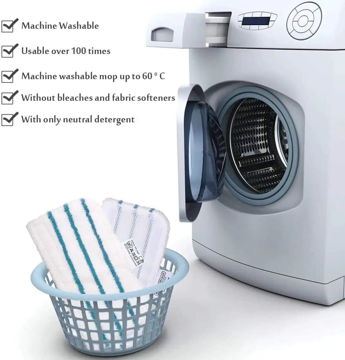 Replacement microfiber pads for a steam mop are shown next to a white appliance with features listed for washable and safe cl