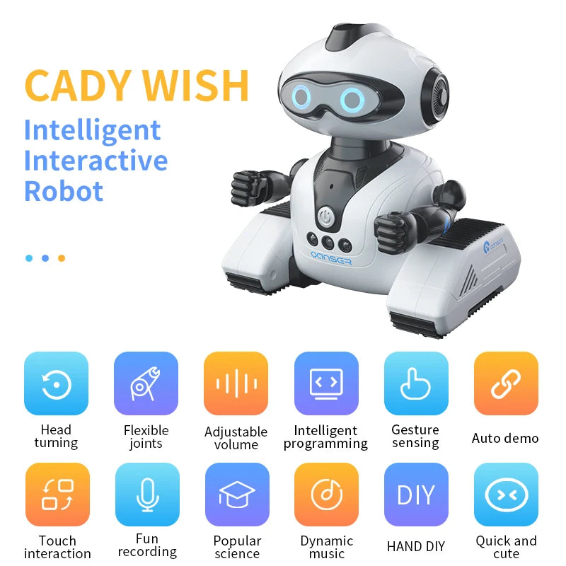 A white intelligent interactive robot toy named Cady Wish with various function buttons displayed below.