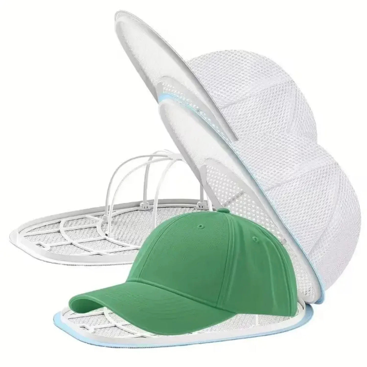 White mesh hat cleaning cage with a green baseball cap resting on its base.
