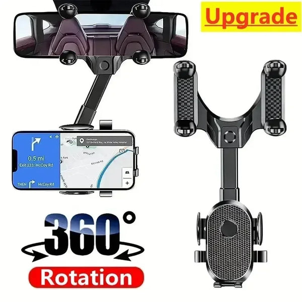 A black 360 degree rotating rearview mirror phone mount with a smartphone attached.