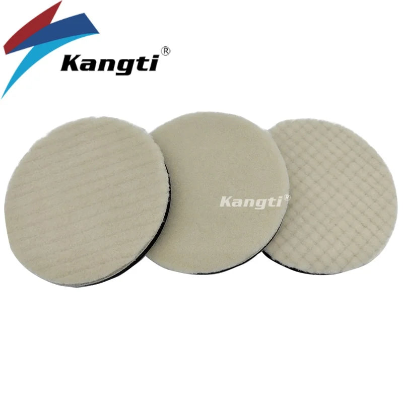 Three beige car polishing wool pads with foam backing for scratch removal