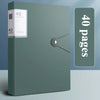 A green A4 expanding file organizer with clear pocket dividers and a page counter display.