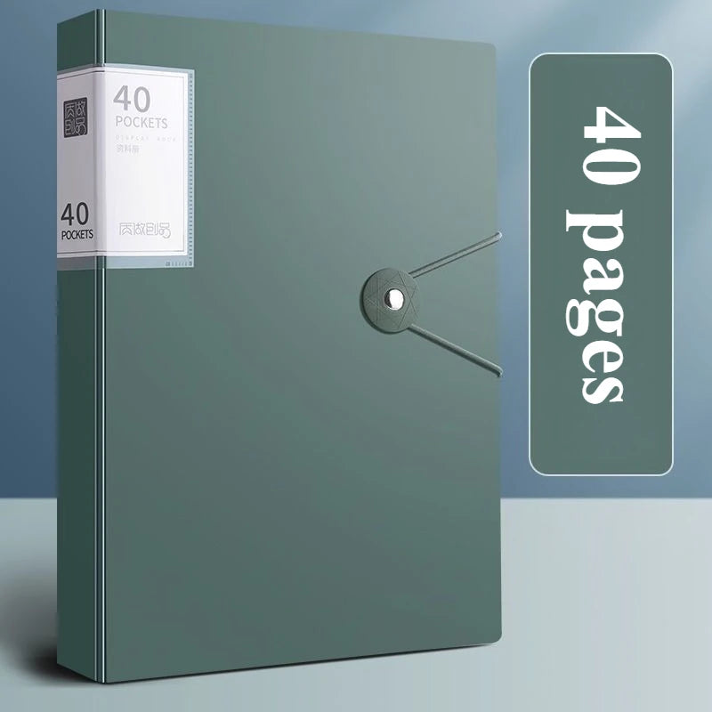A green A4 expanding file organizer with clear pocket dividers and a page counter display.