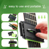 A set of guitar fretboard cleaning tools including a specialized tool and microfiber cloth shown on a wooden fretboard.